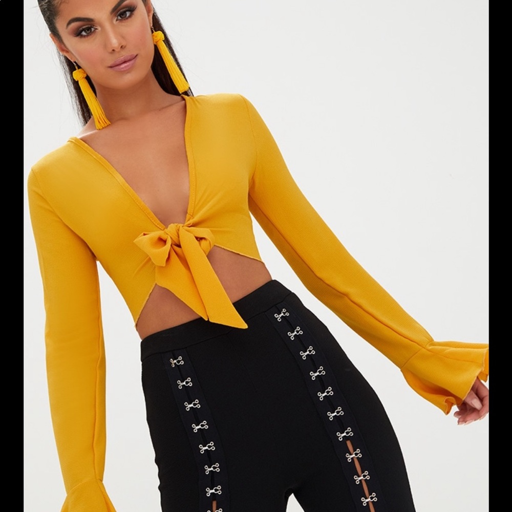 Mustard Tie Front Frill Sleeve Blouse